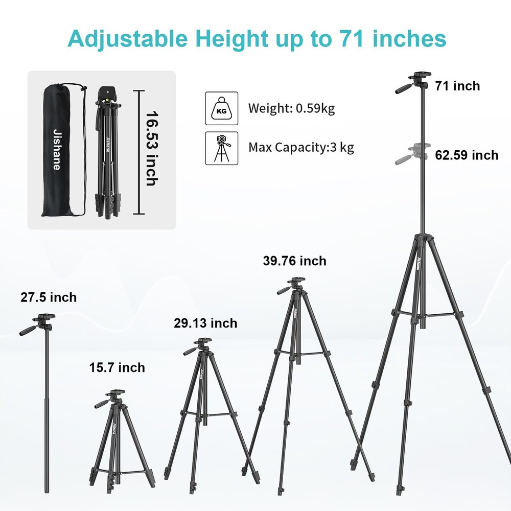 71" Camera Tripod, Versatile Cell Phone Tripod with Wireless 71", Black