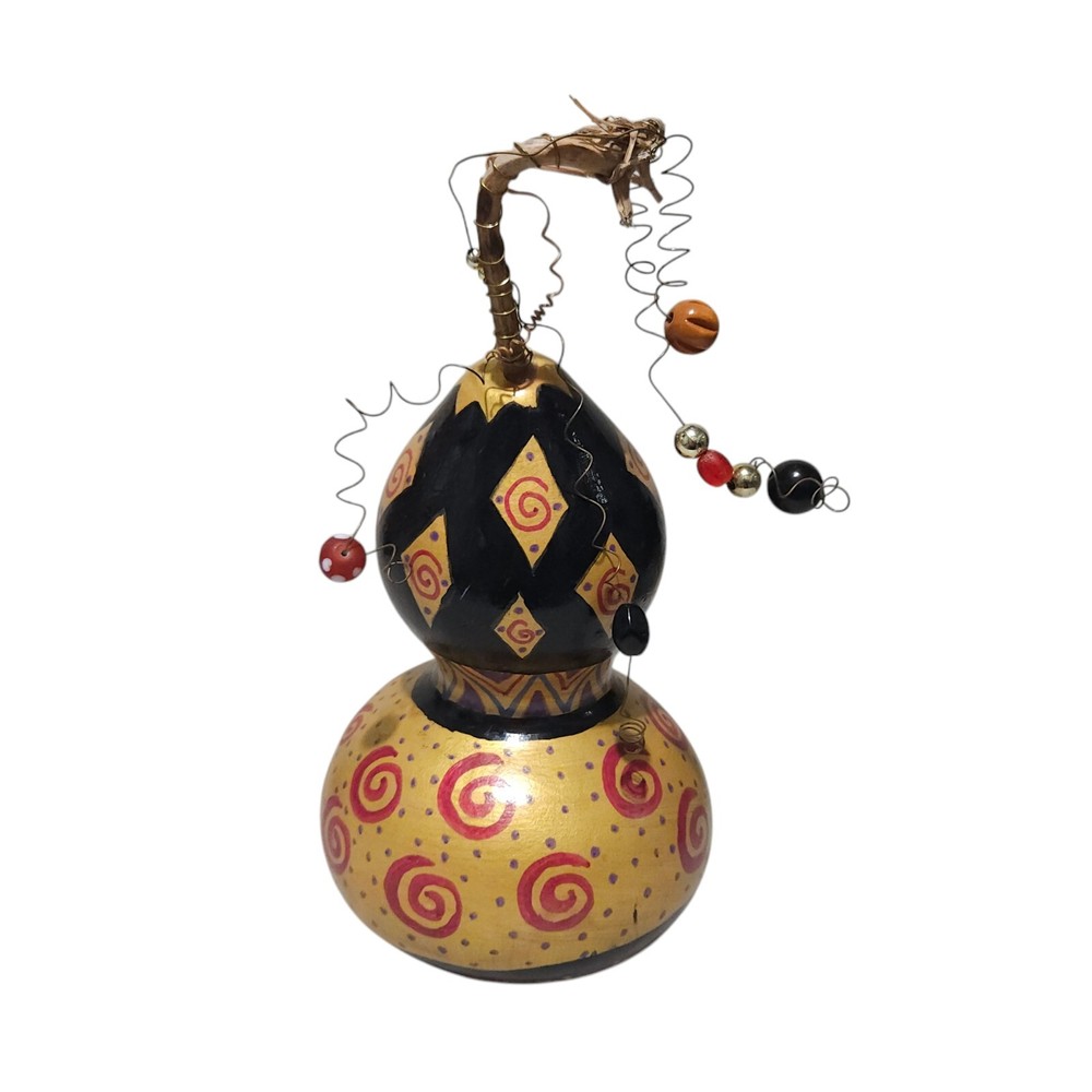 Hand Painted Gourd With Beads Signed Decorative