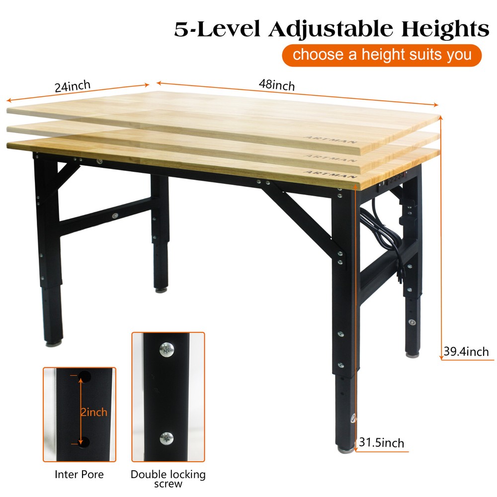 With Socket and Wooden Top Multi-Function Metal Adjustable HeavyDuty Worktable