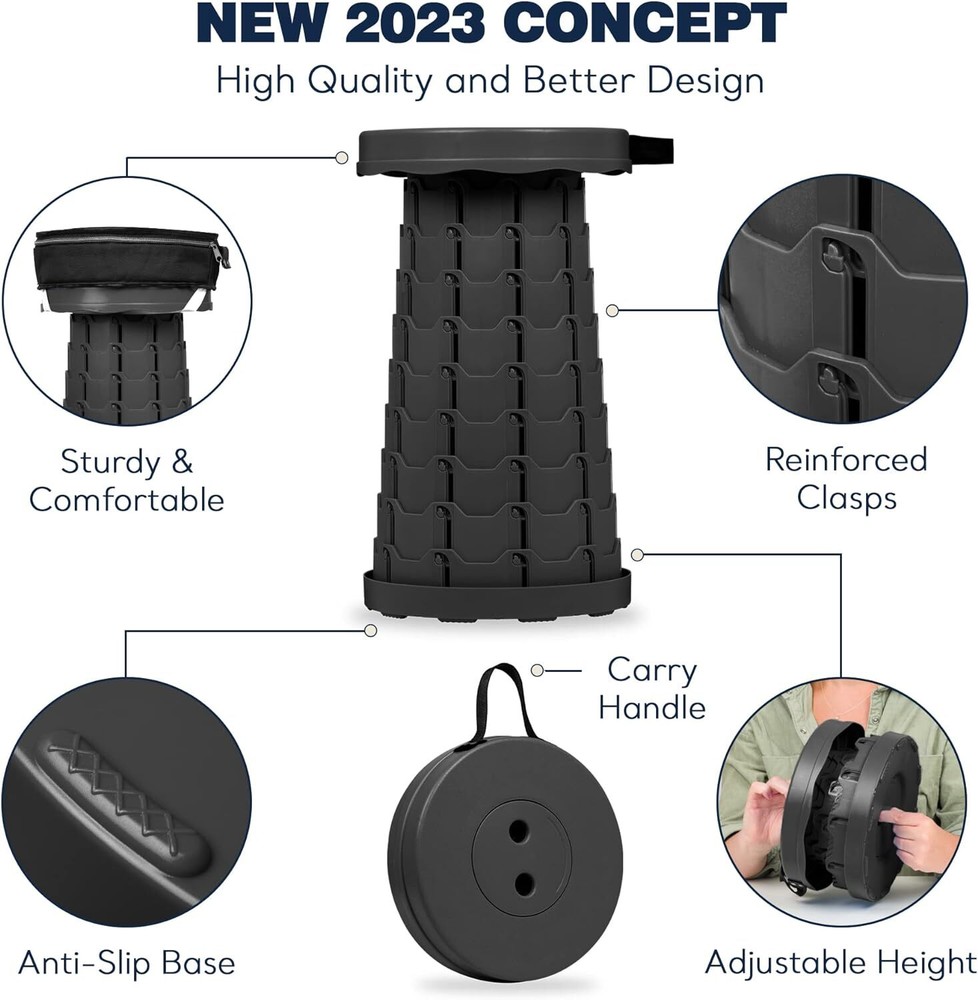 Upgraded Collapsible Stool With 3-in-1 Backpack, Cushion & Beverage Black