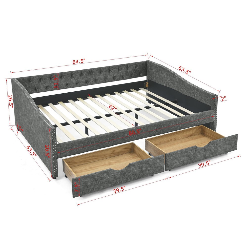 Queen Size Daybed with 2 Storage Drawers Upholstered Bed Frame Sofa Bed US