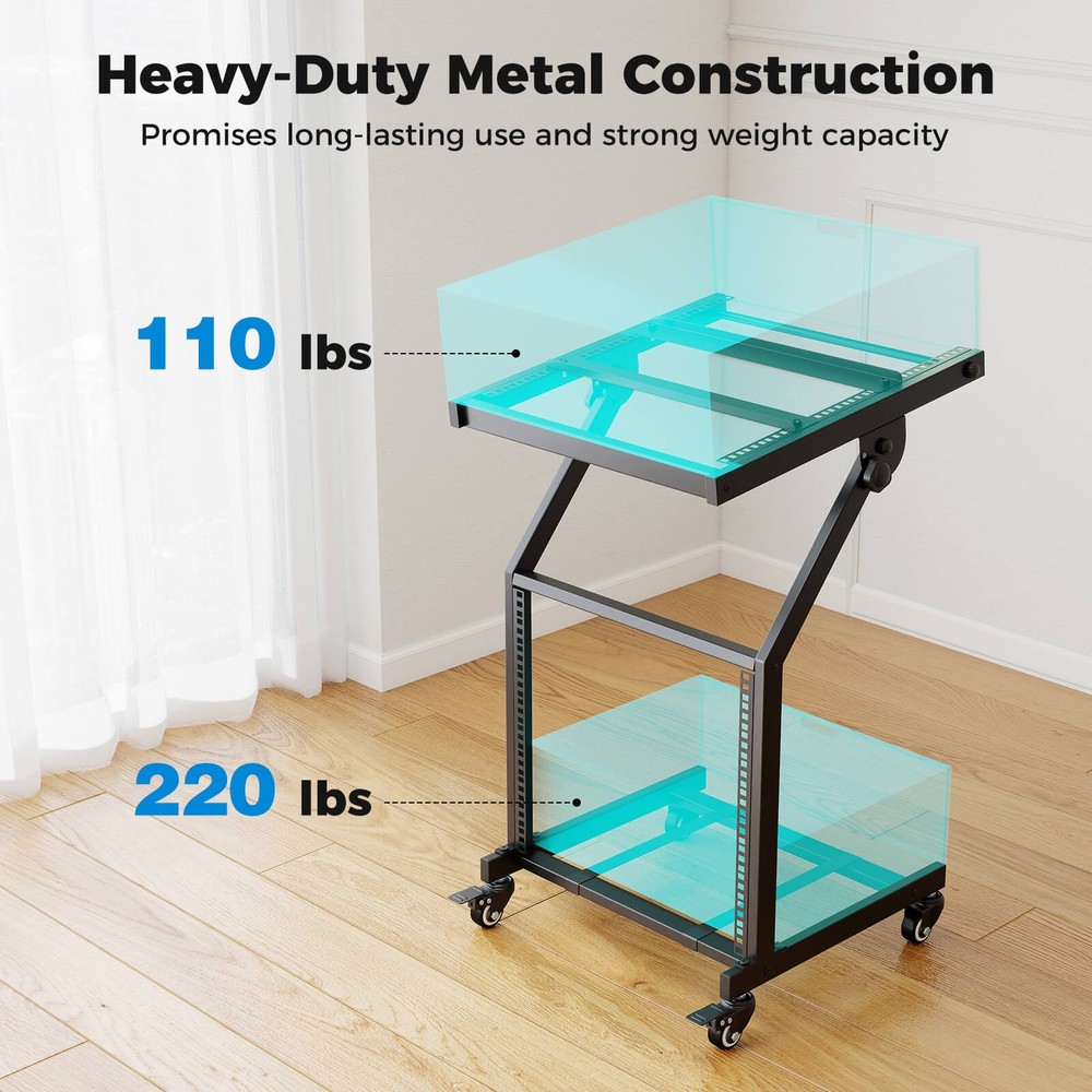 9U 2 Layer Professional Audio Rack Mount w/Adjustable Crossbars Lockable Wheels
