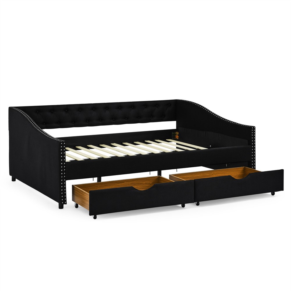 Full Size Daybed Upholstered Bed Frame Sofa Bed w/ 2 Storage Drawer US