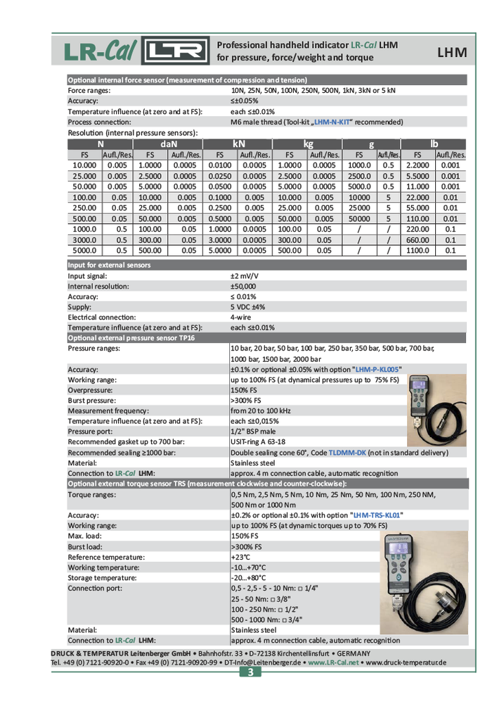 LR-Cal LHM N Pressure Torque & Force Meter with Internal Force Sensor 0 - 5000 N