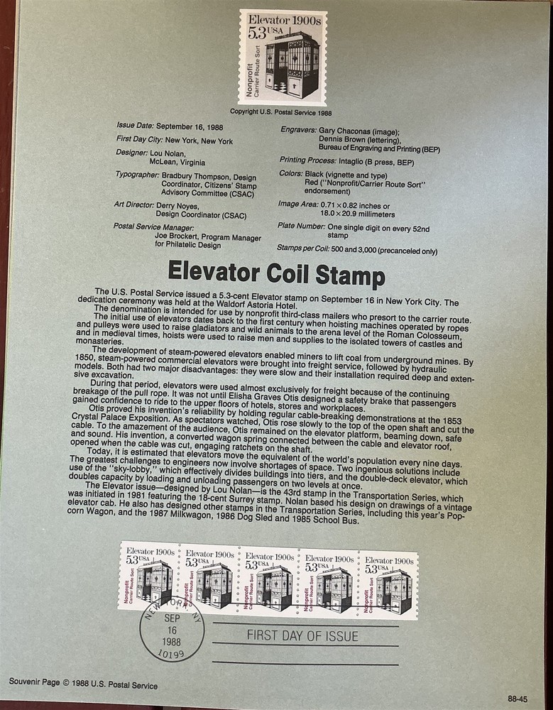 USPS Souvenir Page 2254 Elevator Coil Stamp