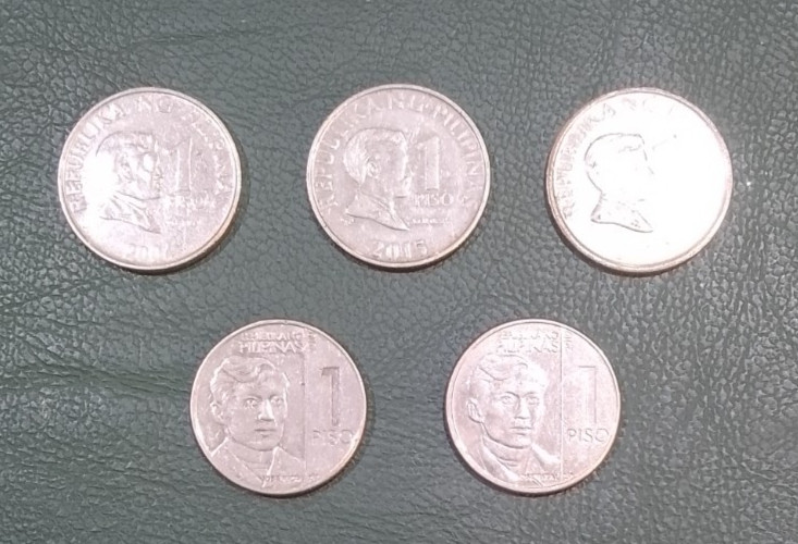 Philippines One Peso Coin x 5 - Circulated - Five Different dates