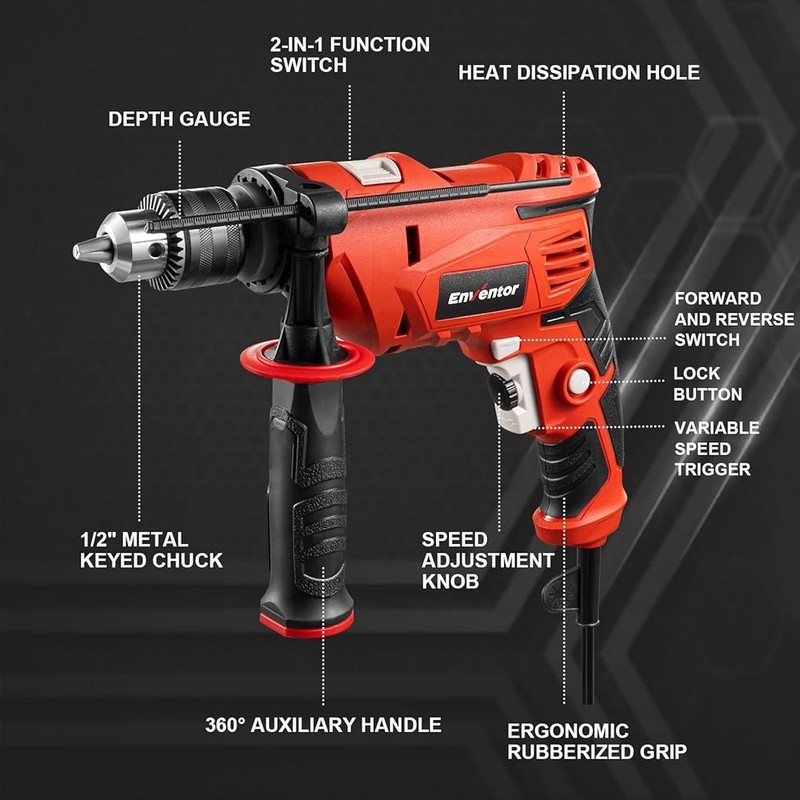 Corded Hammer Drill 7.5A 3000RPM Variable Speed Impact Drill 2-in-1 Function New