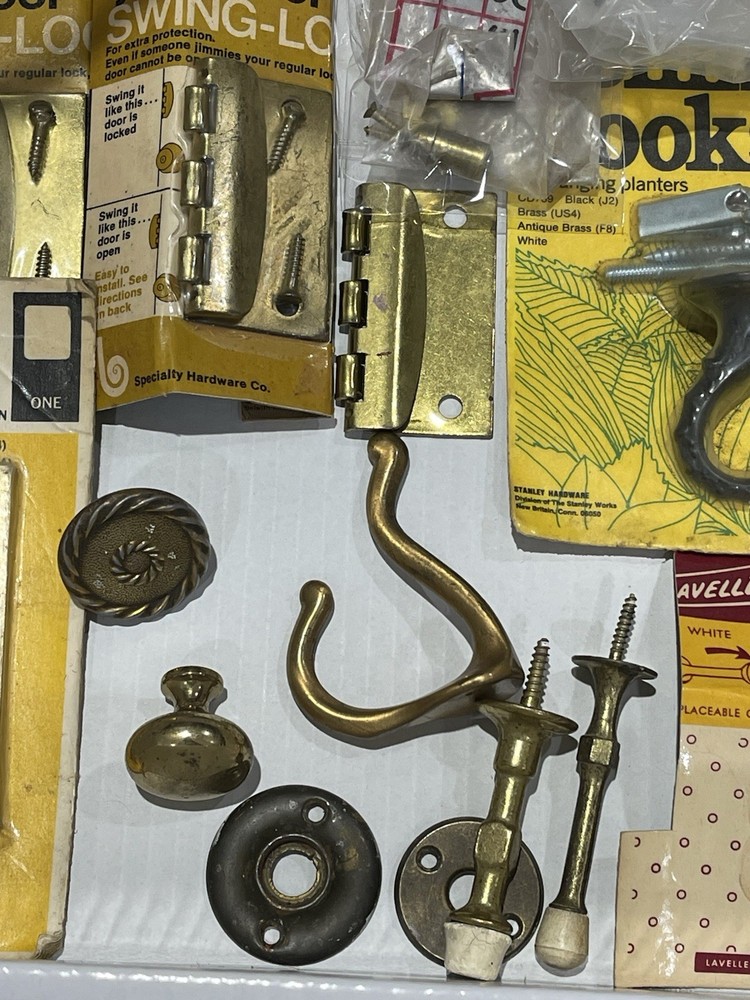 15 Pc Mixed Lot VTG Brass Hardware Junk Drawer Hooks Hinges Backplates Knobs
