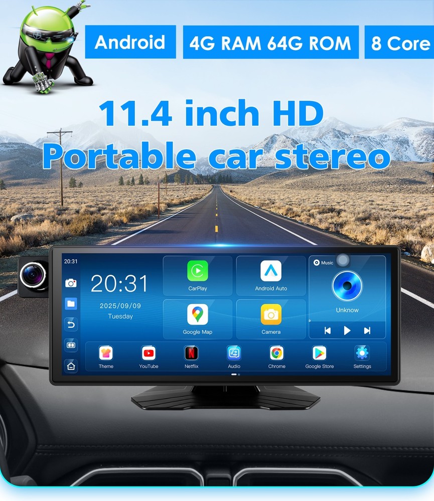 11.4'' Android 14 Car Stereo 8-Core 4G+64G CarPlay Android Auto IPS Touch Screen