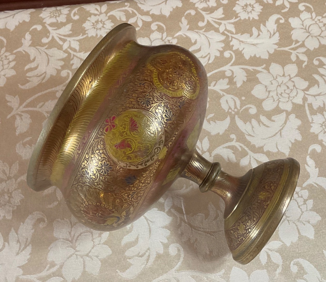 Etched Brass Pedestal Bowl Urn Peacock Floral Motif 7.3lb Ornate Centerpiece