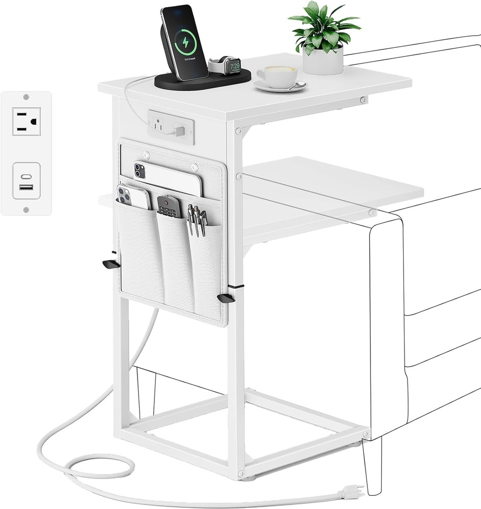 C Shaped End Table W/ Charging Station Adjustable Height Side Table Couch Small
