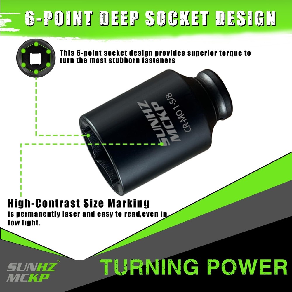 1/2 Inch Drive Impact Socket, SAE 1-5/8 in Deep 6 Point Socket, CR-MO,