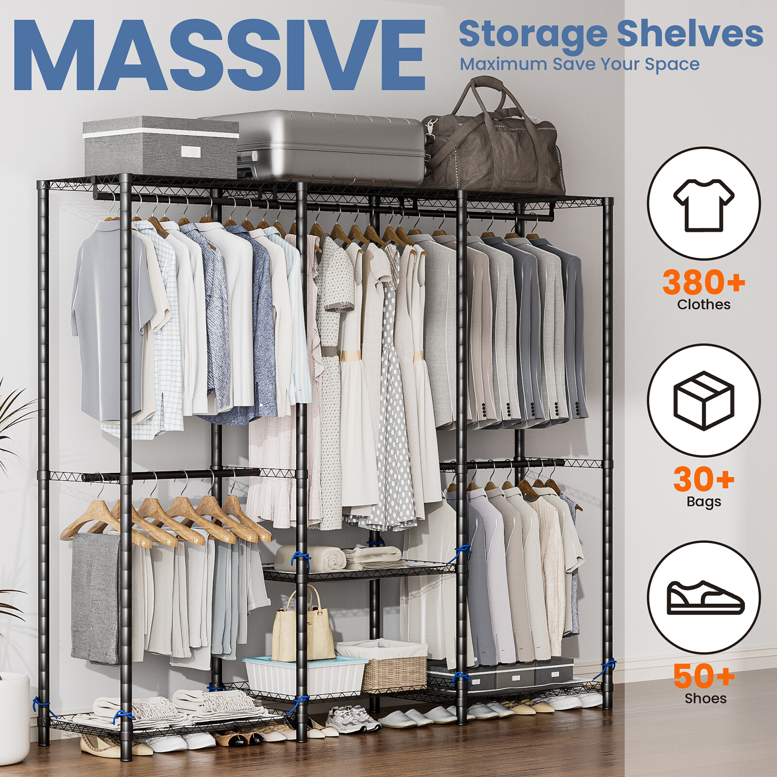 Heavy Duty Garment Rack Large Clothes Rack Freestanding Closet Clothing Shelves