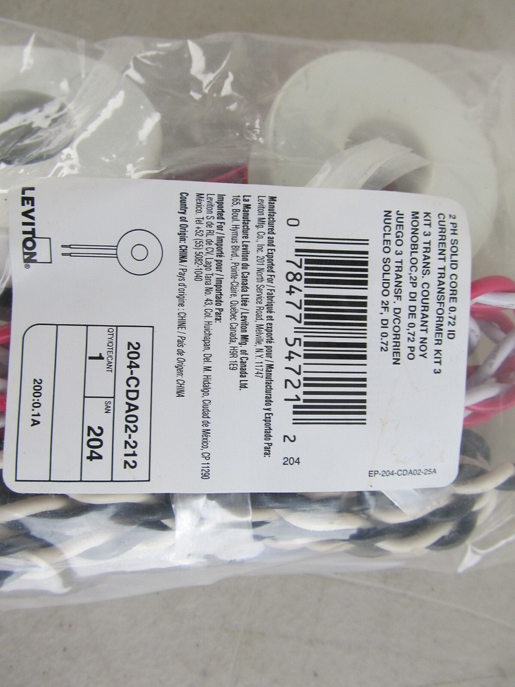 Leviton 204-CDA02-212 2 PH Solid Core 0.72ID Current Transformer Kit NEW