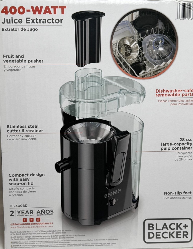 Black+Decker 400 Watt Fruit Vegetable Extractor Juicer, JE2400BD