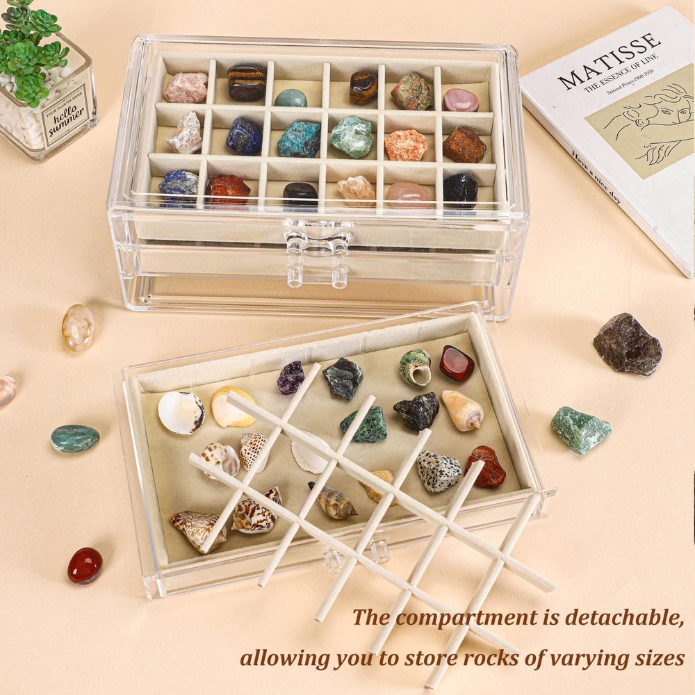Acrylic Rock Collection Display Case with 54 Grids Storage Compartments Boxes