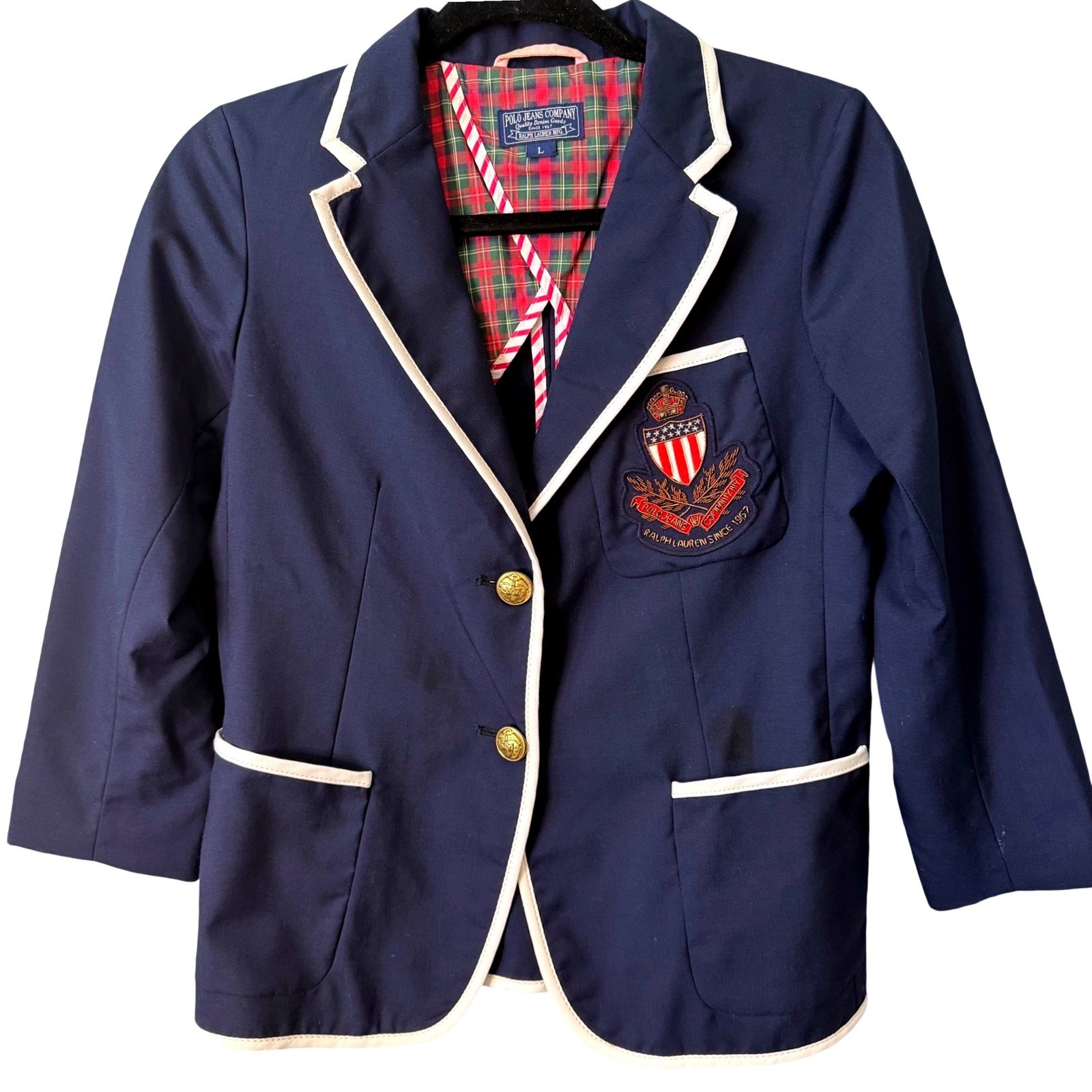Polo Jeans Company Ralph Lauren Navy Y2K Blazer Crest Patch Plaid L Youth VTG