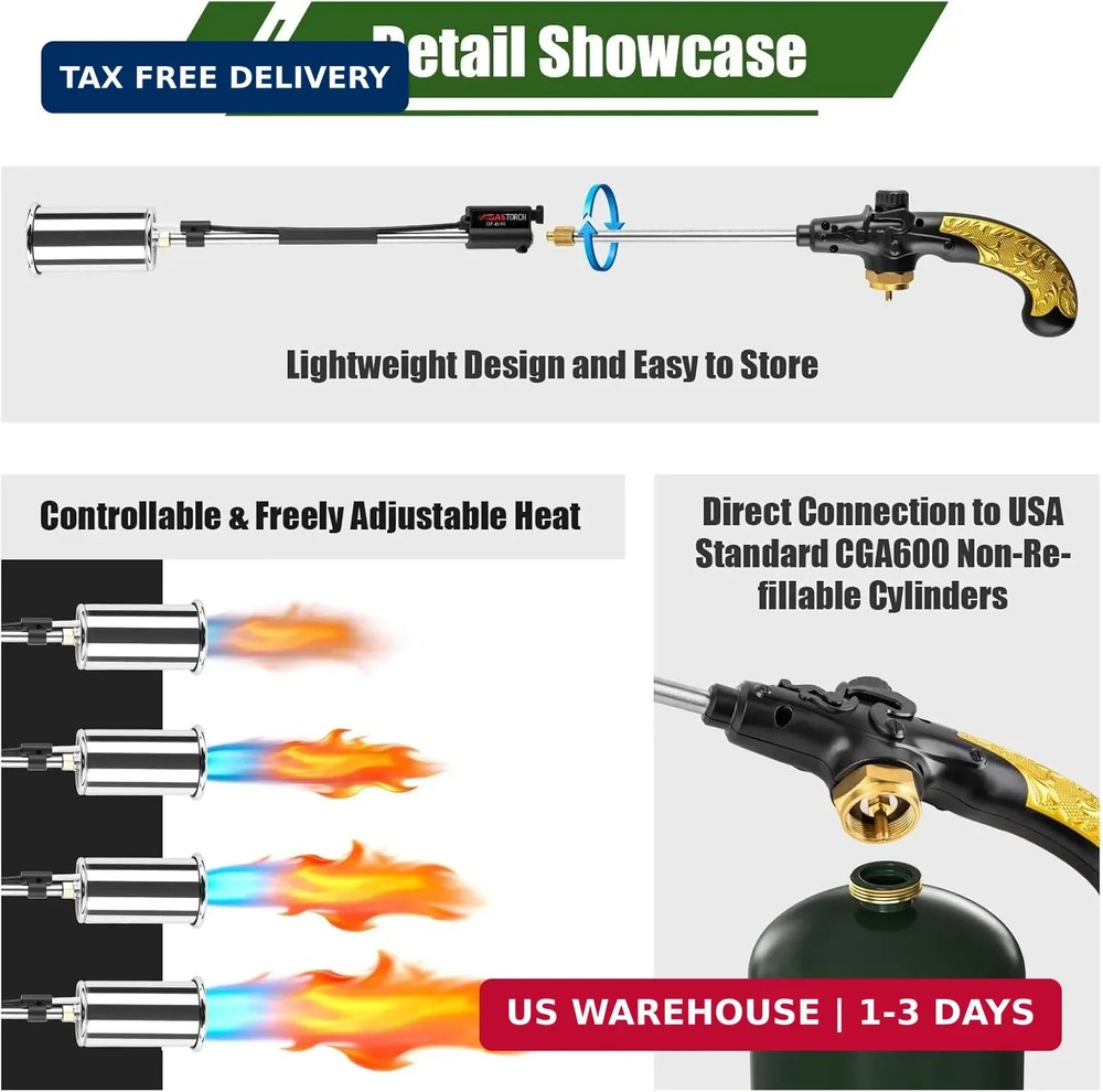 Propane Torch Weed Burner, Adjustable flame thrower with Detachable Handle, B...