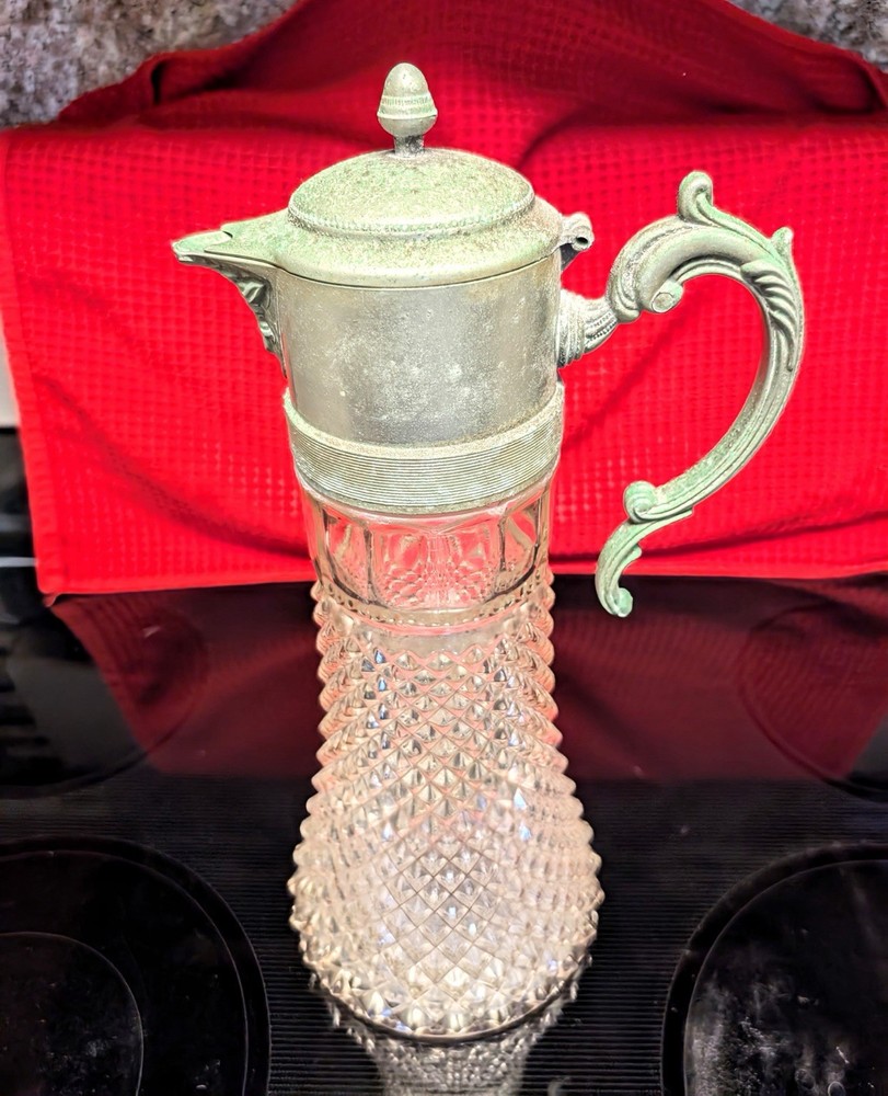 Vintage Crystal Diamond Cut Pattern Pitcher/Decanter Silverplate Hinged Lid