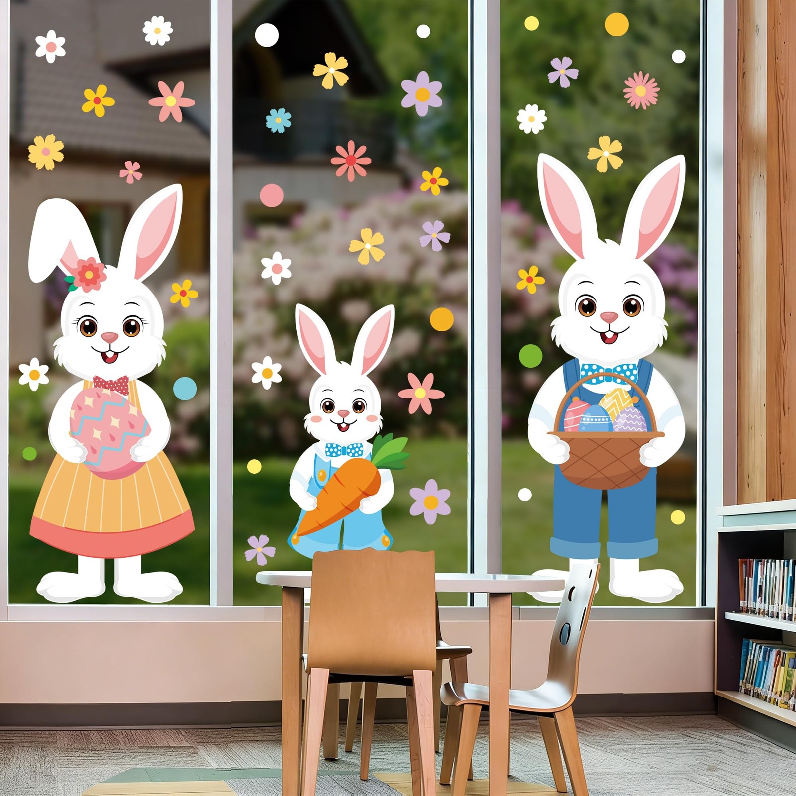 6 Sheet Extra Large Easter Window Clings Double-Sided Cartoon Bunny Rabbit Famil