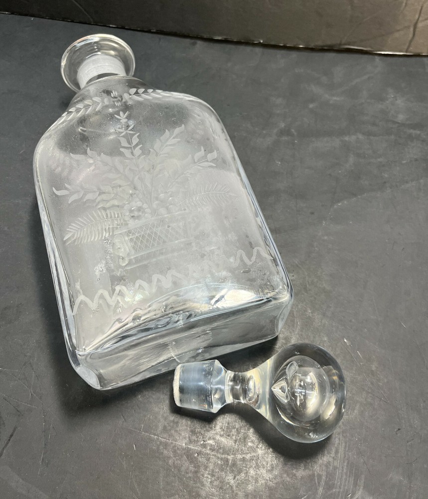 Continental Acid Etched Rectangular Decanter, Mid Century. Birds