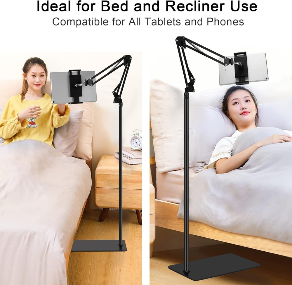 Tablet Floor Stand, Adjustable Universal 360-degree Rotatable Metal Black