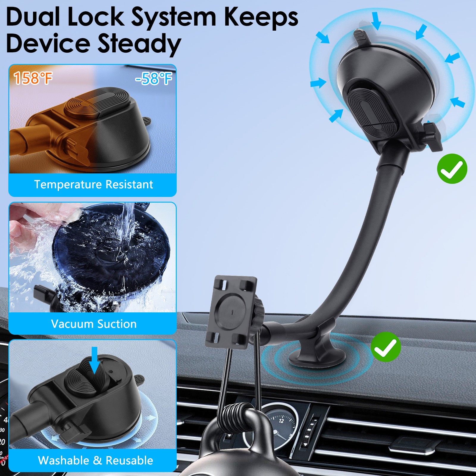 CarPlay Screen Mount Suction Cup Holder for 7–10.26"Car Monitors w/Gooseneck Arm