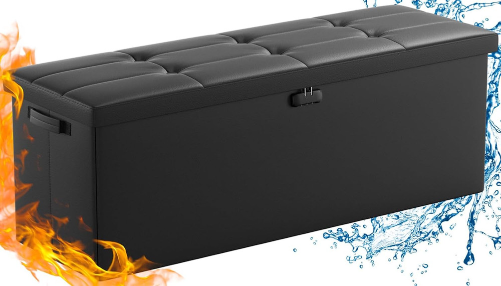 Fireproof Folding Storage Ottoman with Handles & 2 Extra Boxes - Black