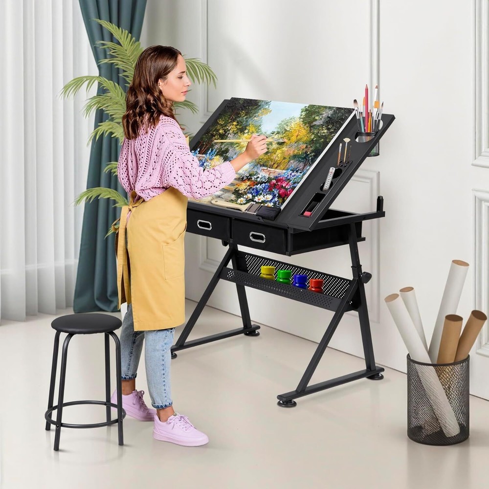 Adjustable Drafting Table with Stool Tilting Drawing Desk Artist Table w/Drawers