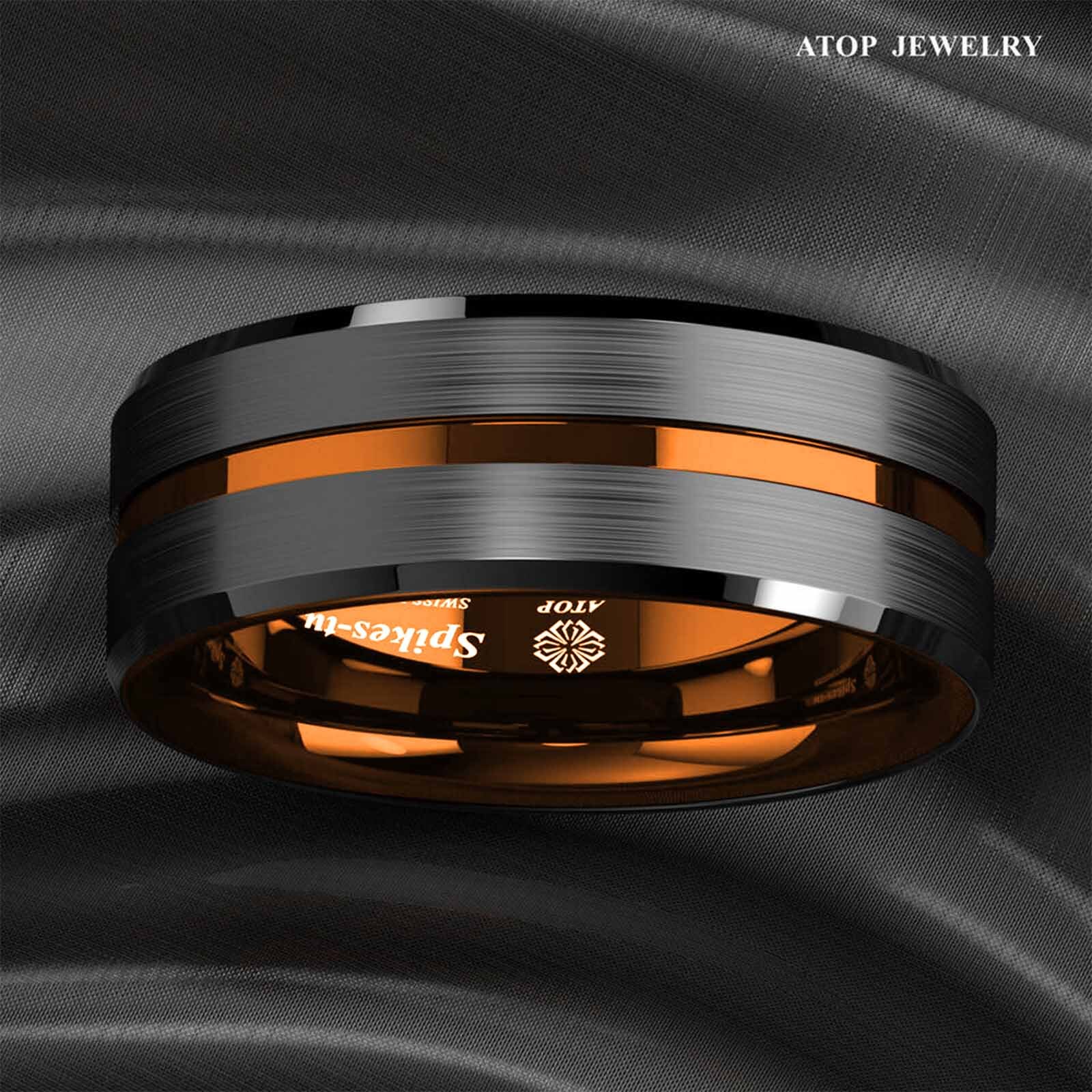 ATOP 8mm Black Tungsten Carbide Thin Orange Line Wedding Band Ring Men’s Jewelry