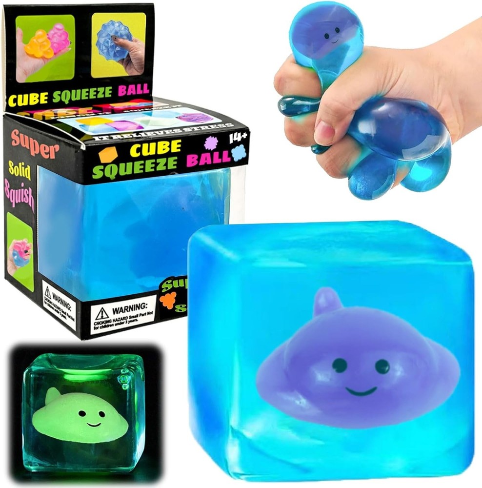 Blue Squeeze Cube with Luminous Devil Fish Inside, Squishy Stress Fidget Gummy