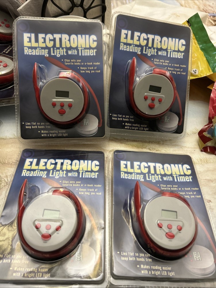 4 X Electronic LED Book E-Reader Clip On Reading Light Lamp with Timer Lies Flat