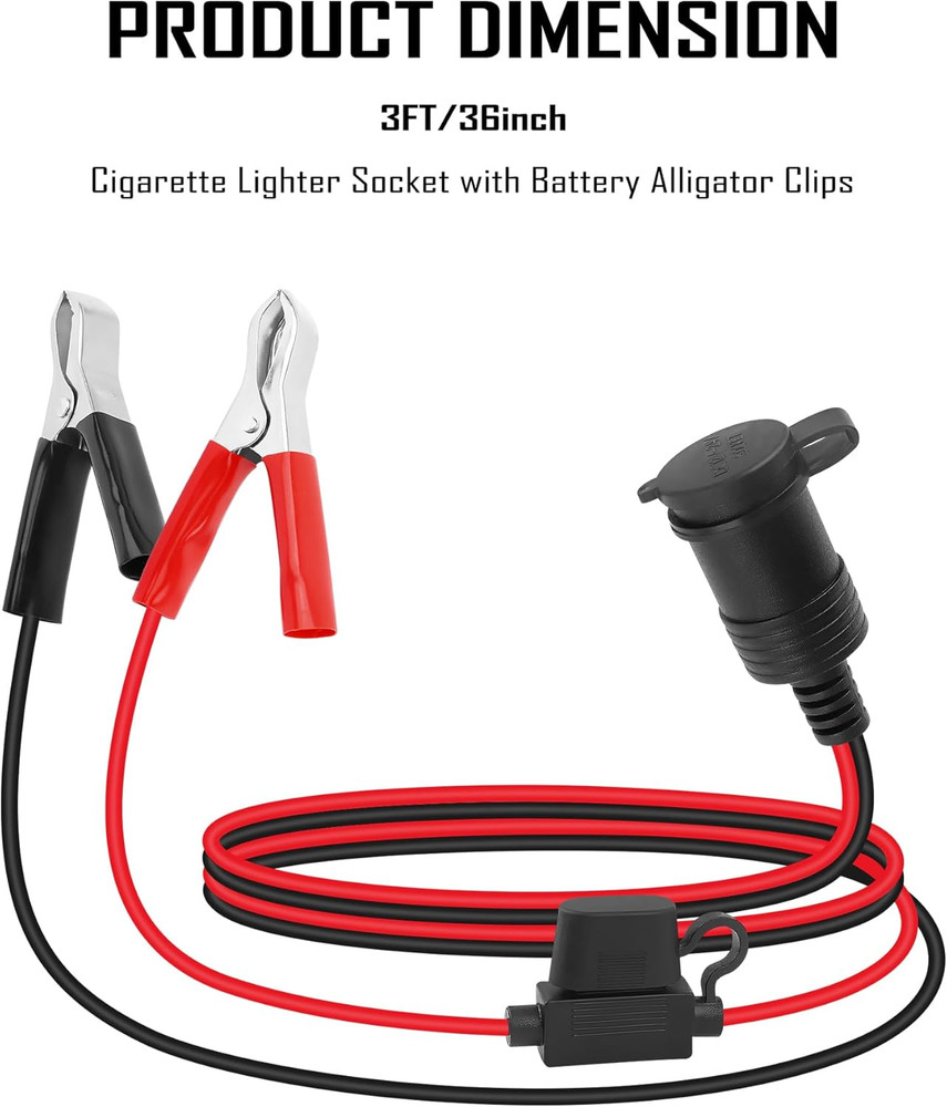 12V Cigarette Lighter Socket Replacement with 3Ft Extension Cord & Battery Allig