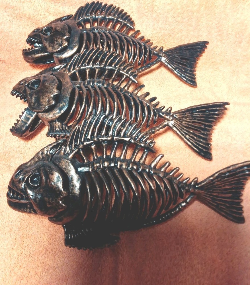 3 Decorative Skeleton Fish Figurines Copper Finish Hinged Jaws