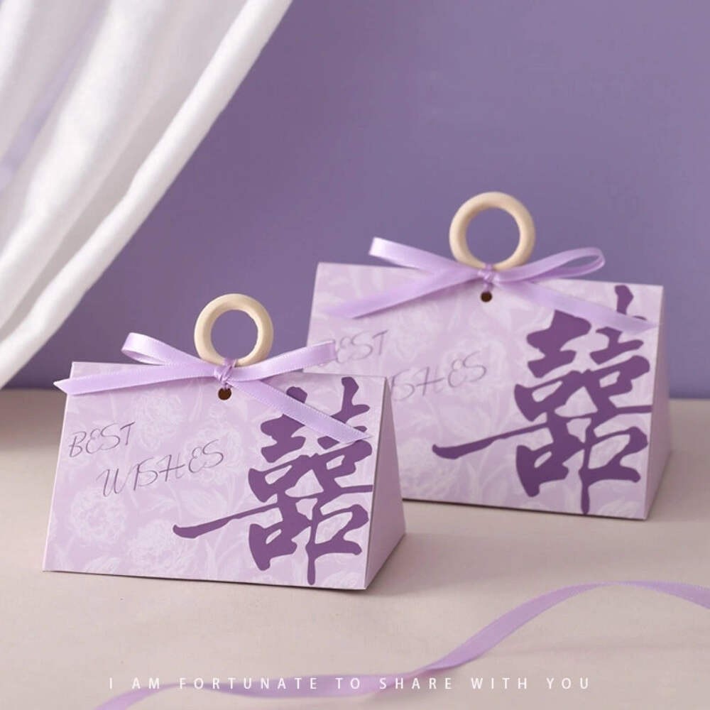 Floral Triangular Shape Double Happiness Favor Boxes (20pcs)