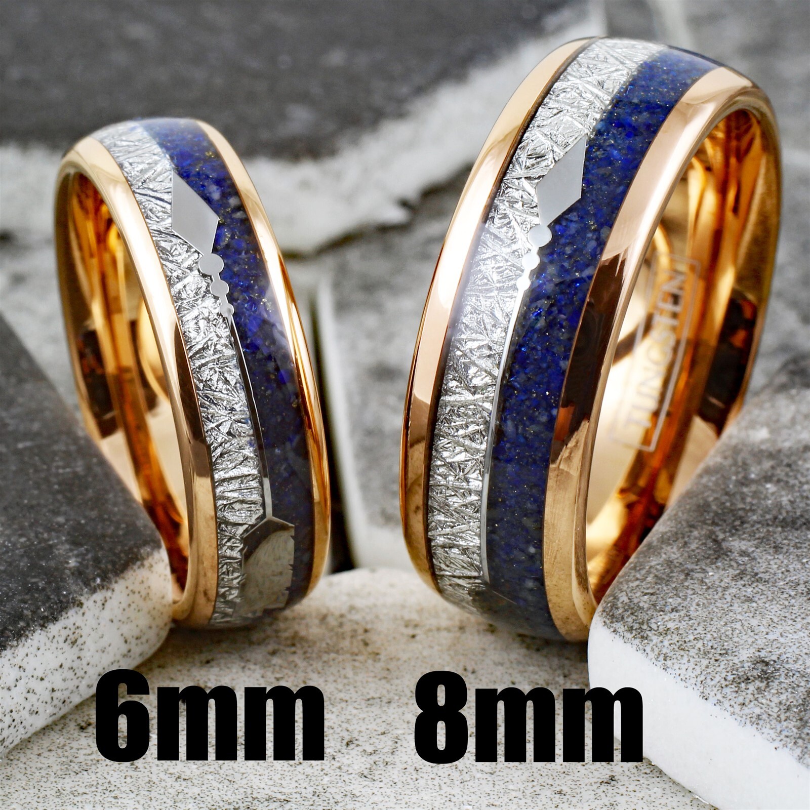 Rose Gold Plated Tungsten Carbide Meteorite & Blue Lapis Lazuli Men's Band Ring