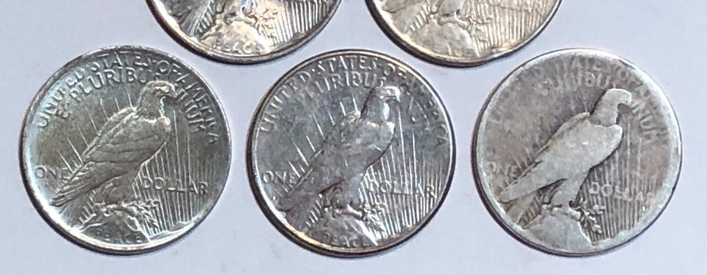 Lot of 5 Cull 1922-1935 US $1 Silver Peace Dollars, Mixed Dates & Mint Marks