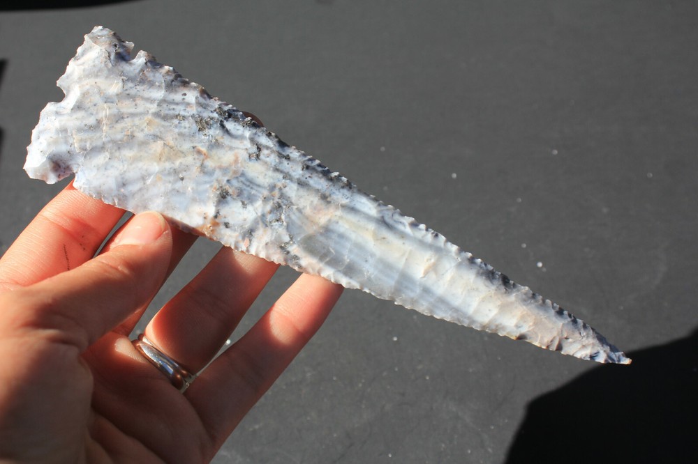 Heat Treated Banded Agate Side Notched Spearhead Spear/Thrusting Point
