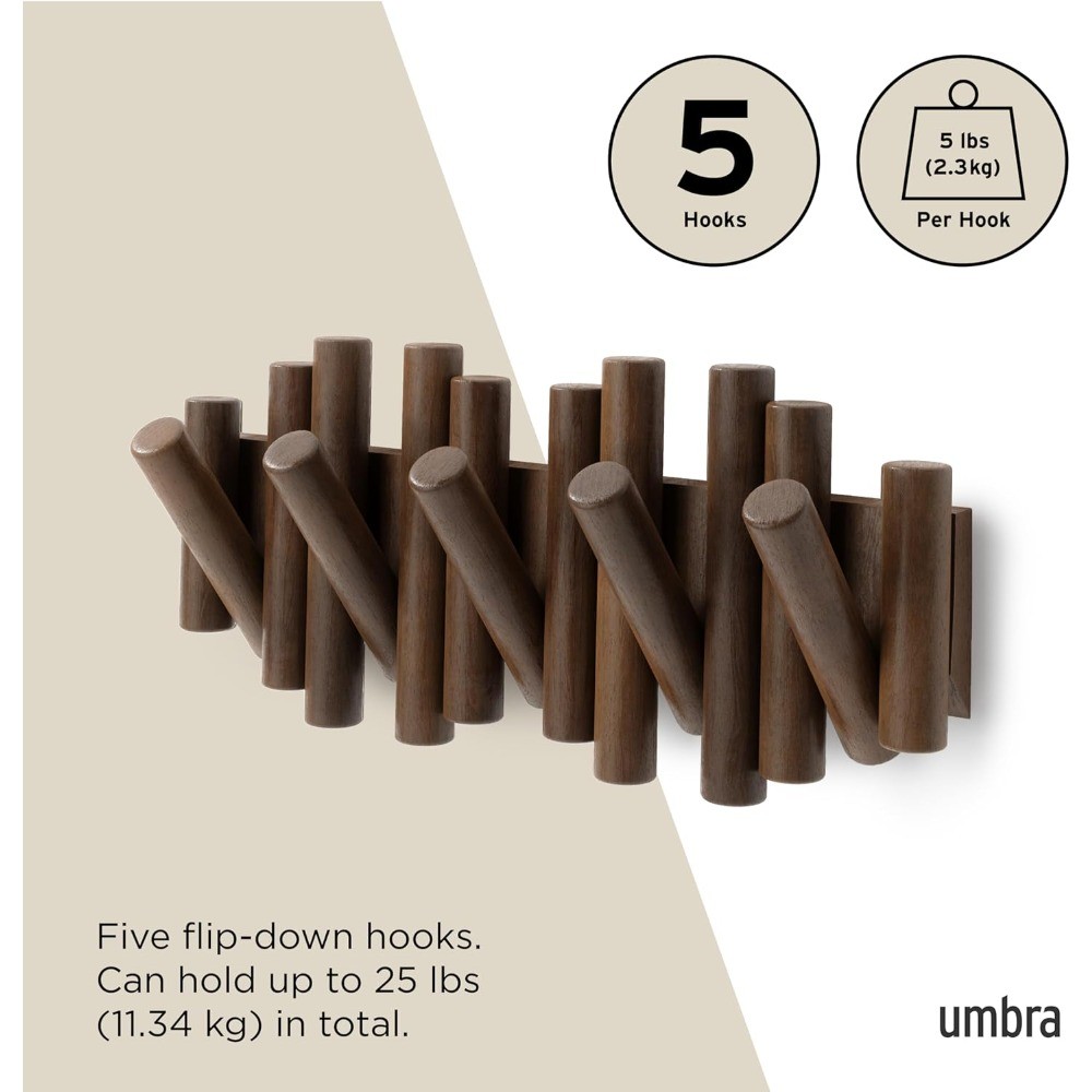 Modern Wall-Mounted Coat Rack, 5 Retractable Pegs, Walnut