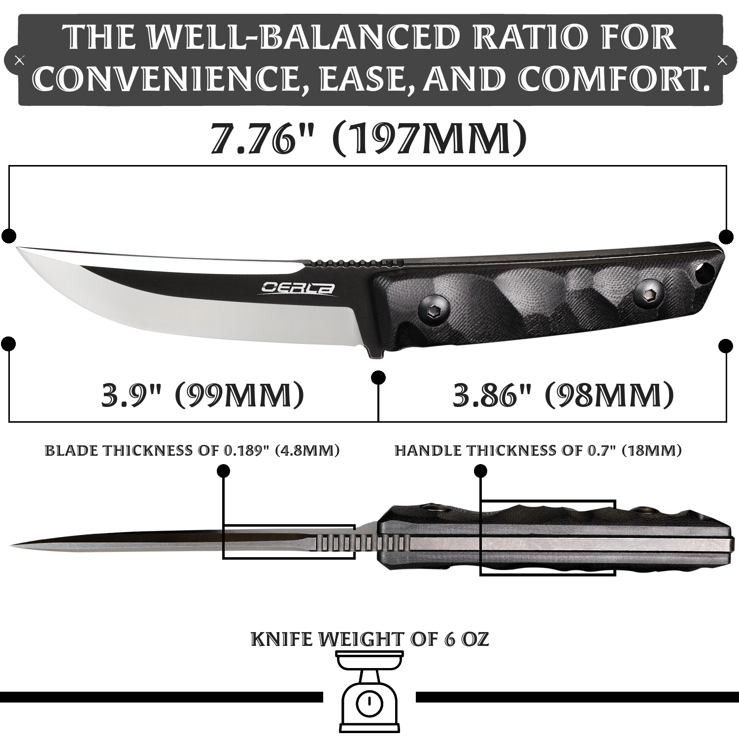 Oerla Straight Knife Fixed Blade Fine Edge Blade G10 Handle and Kydex Sheath