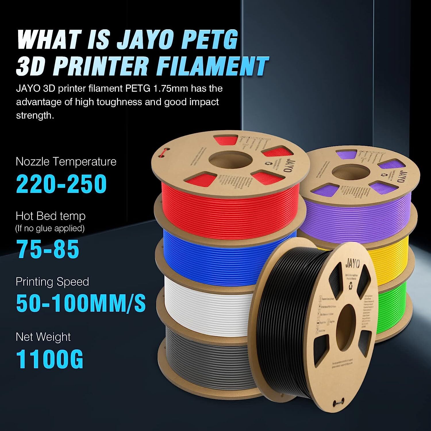 JAYO PLA Matte PETG PLA+ SILK ABS TPU 1.75mm Filament 1.1KG Spool Neatly Wound