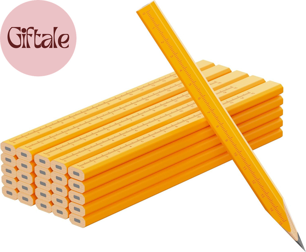 25 Pack Carpenter Pencils with Ruler - Flat Yellow Octagonal Woodworking Pencils
