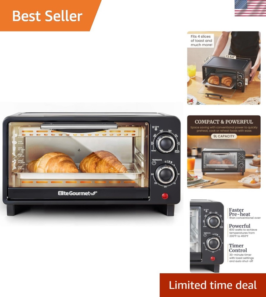 Stylish Matte Black Toaster Oven: 4 Slice, Easy Timer & Temperature Control