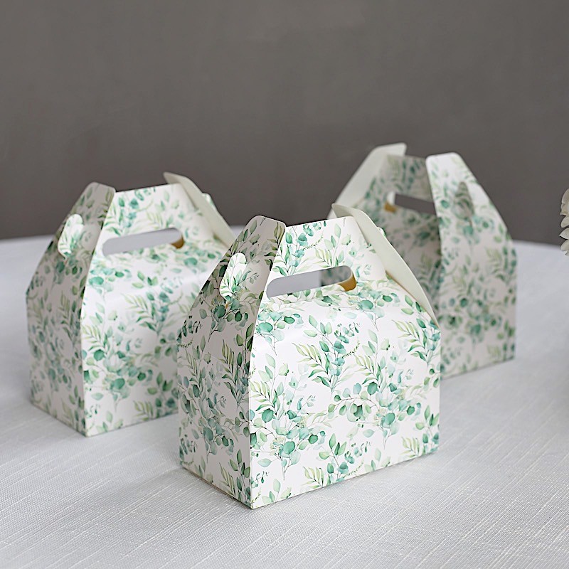 25 WHITE GREEN Tote Party Favor BOXES Floral Printed Candy Gift Holders Events