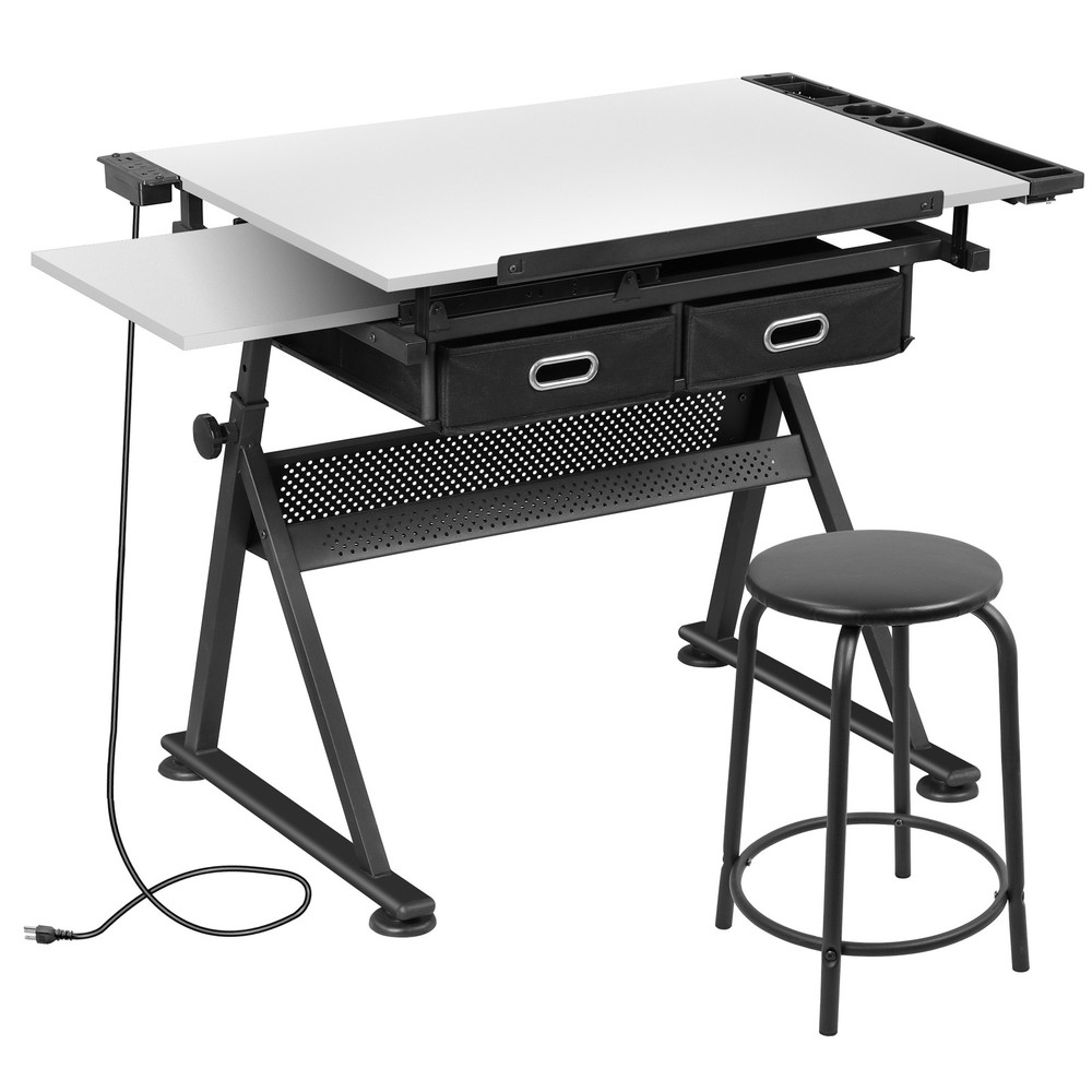 Drafting Table Drawing Adjustable Craft Desk Tabletop with Stool & Drawers White