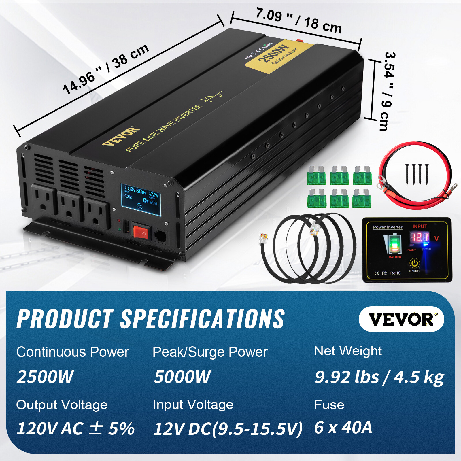 VEVOR Pure Sine Wave Inverter Power Inverter 2500W DC12V to AC120V Inverter LCD