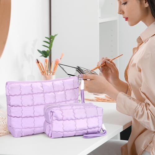 Richeart Makeup Bag Travel Toiletry Bag - Checkered Down Small - 1 Pack Purple