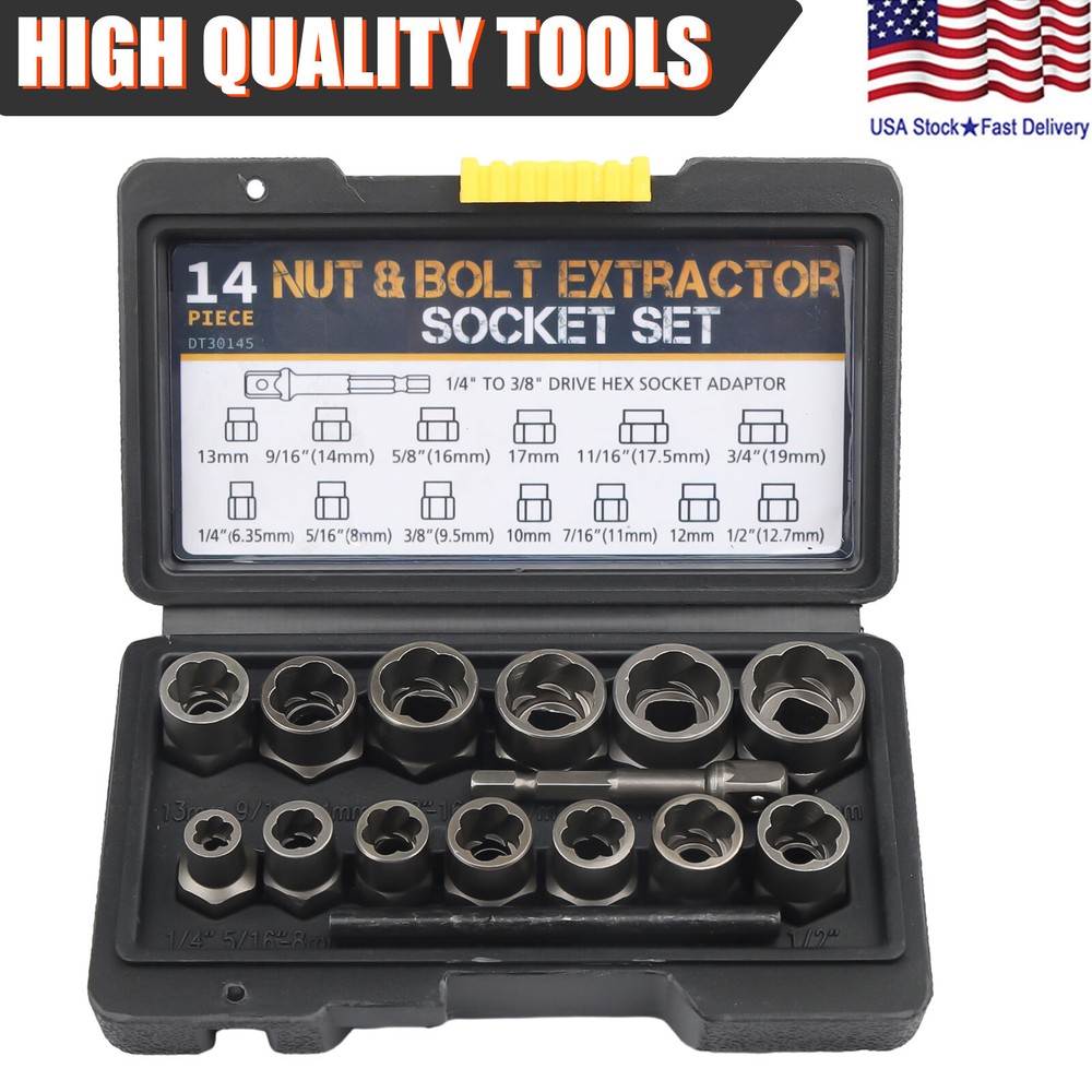 15PC Impact Bolt & Nut Remover Set Extractor Damaged Rusted Adapter Storage Case
