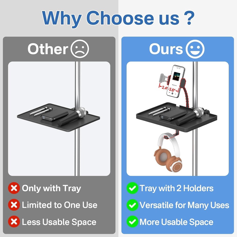 Functional Microphone Stand Tray with Adjustable Plastic Small Tray, Black