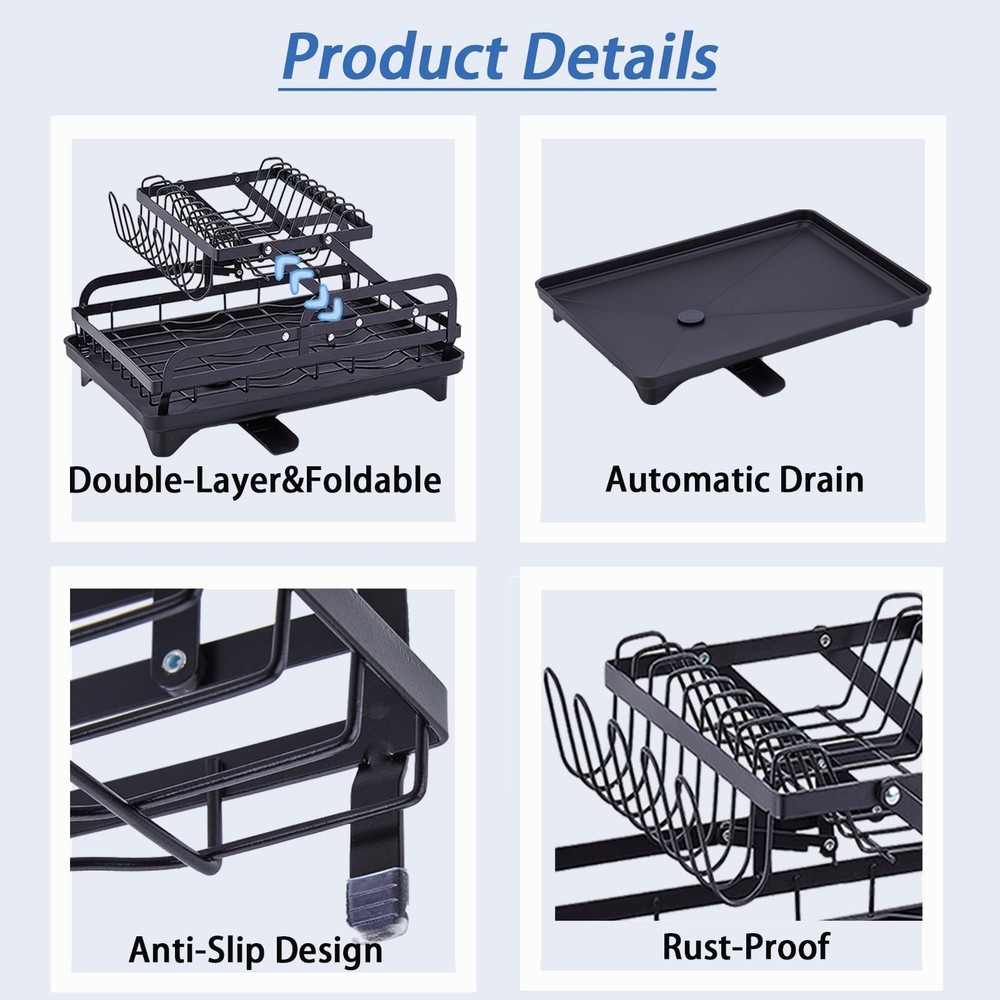 HOISIMDY 2 Tier Dish Drying Rack Automatic Drainage Board Space-Saving for Ki...